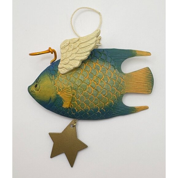 Vintage Angel Fish Christmas Tree Ornament Wings & Hanging Star Nautical Beach - Picture 2 of 7